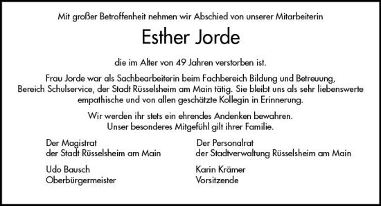 Traueranzeige von Esther Jorde von Rüsselsheimer Echo