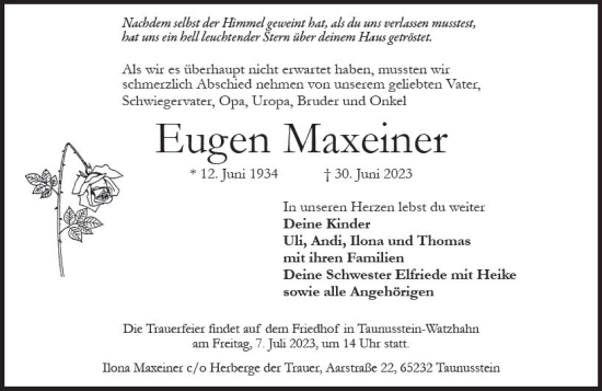 Traueranzeige von Eugen Maxeiner von Wiesbadener Kurier