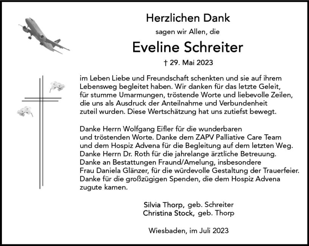  Traueranzeige für Eveline Schreiter vom 15.07.2023 aus Wiesbadener Kurier