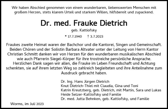 Traueranzeige von Frauke Dietrich von Wormser Zeitung