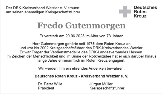 Traueranzeige von Fredo Gutenmorgen von Wetzlarer Neue Zeitung