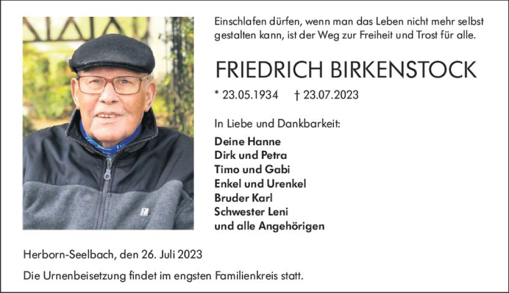  Traueranzeige für Friedrich Birkenstock vom 26.07.2023 aus Dill Block