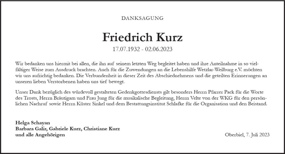  Traueranzeige für Friedrich Kurz vom 07.07.2023 aus Wetzlarer Neue Zeitung