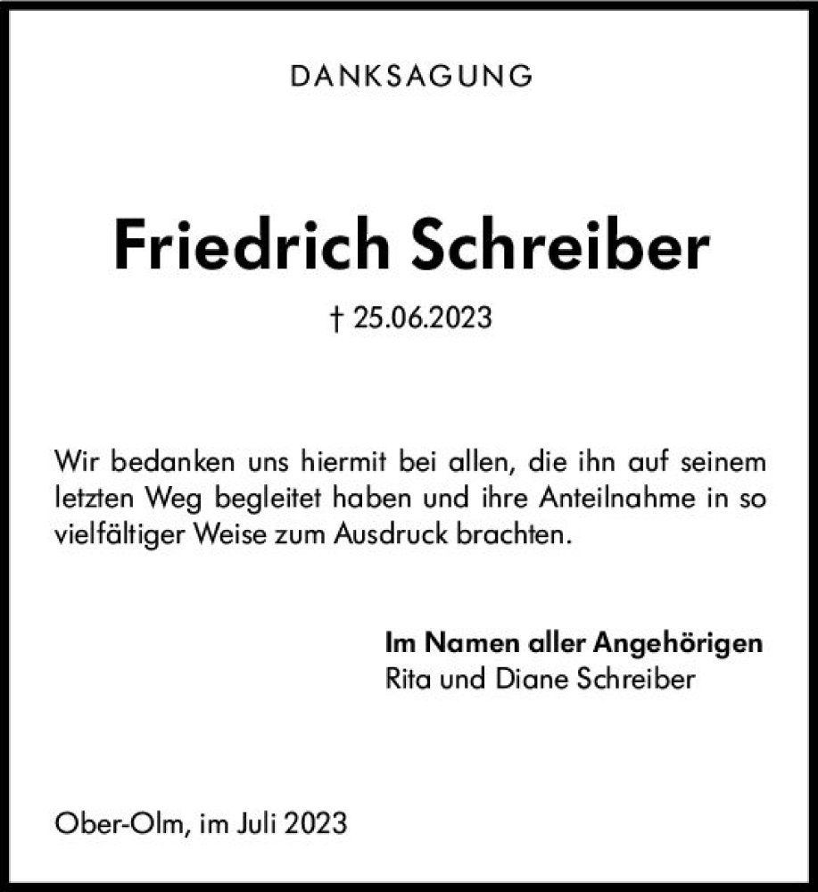 Traueranzeigen von Friedrich Schreiber www.vrmtrauer.de