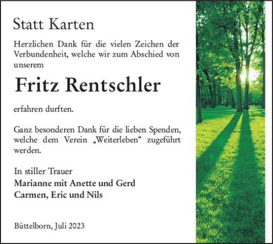 Traueranzeige von Fritz Rentschler von Groß-Gerauer Echo