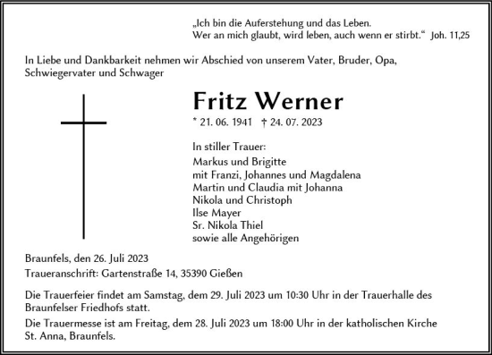 Traueranzeige von Fritz Werner von Wetzlarer Neue Zeitung