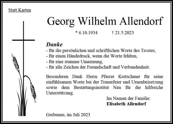 Traueranzeige von Georg Wilhelm Allendorf von Oberhessen Kurier