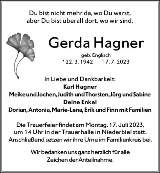 Traueranzeige von Gerda Hagner von Wetzlarer Neue Zeitung