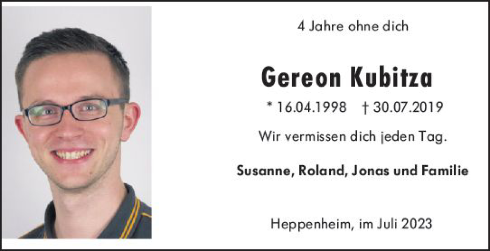  Traueranzeige für Gereon Kubitza vom 29.07.2023 aus Starkenburger Echo