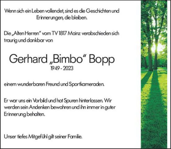 Traueranzeige von Gerhard Bopp von Allgemeine Zeitung Mainz