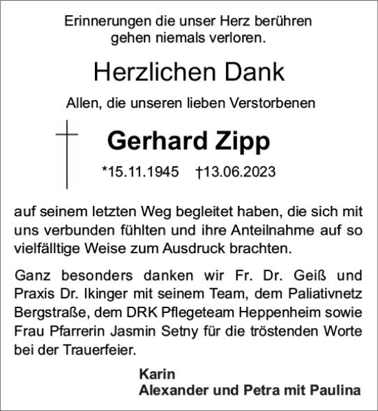 Traueranzeige von Gerhard Zipp von Starkenburger Echo