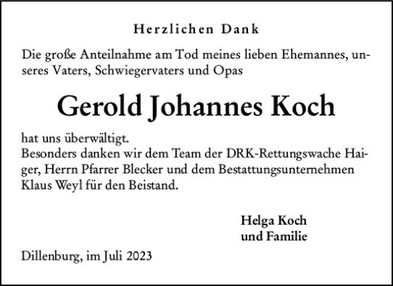 Traueranzeige von Gerold Johannes Koch von Dill Block