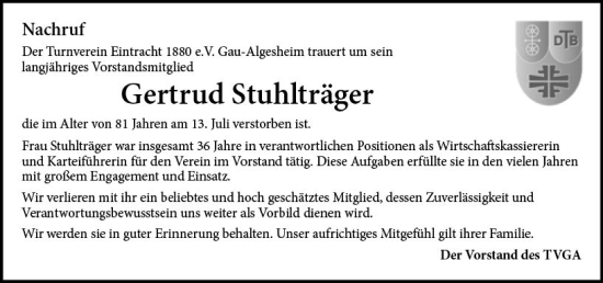 Traueranzeige von Gertrud Stuhlträger von Allgemeine Zeitung Bingen/Ingelheim