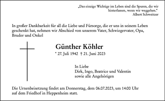 Traueranzeige von Günther Köhler von Starkenburger Echo