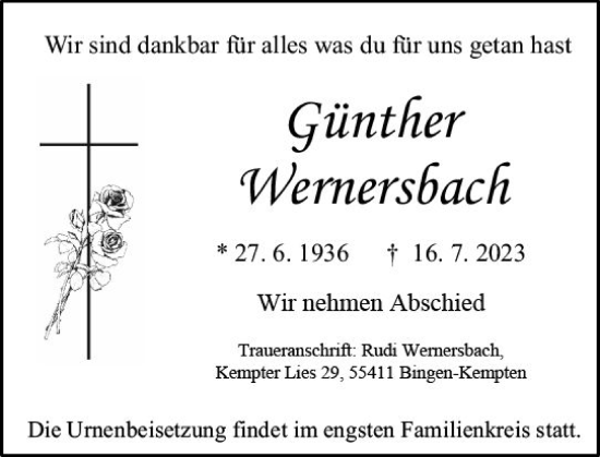 Traueranzeige von Günther Wernersbach von Allgemeine Zeitung Bingen/Ingelheim