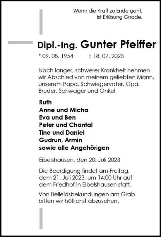 Traueranzeige von Gunter Pfeiffer von Dill Block