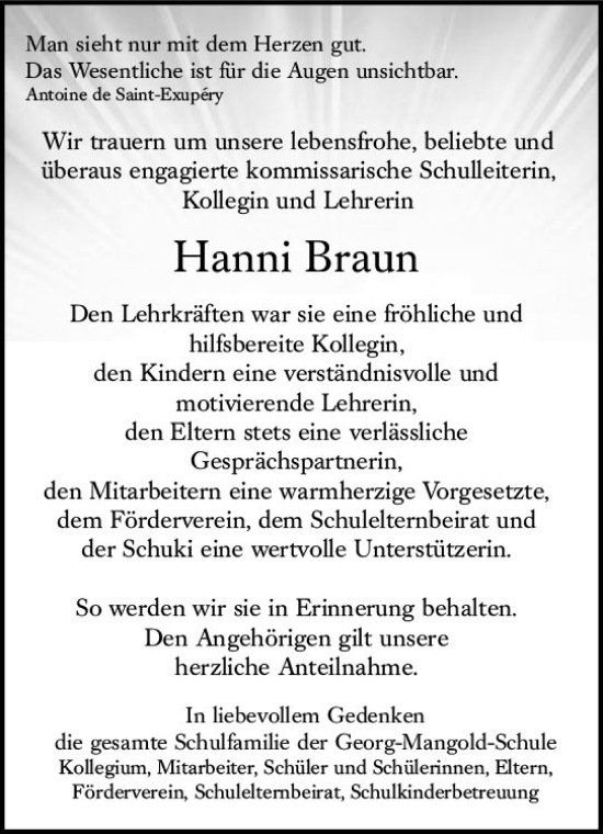 Traueranzeige von Hanni Braun von Rüsselsheimer Echo