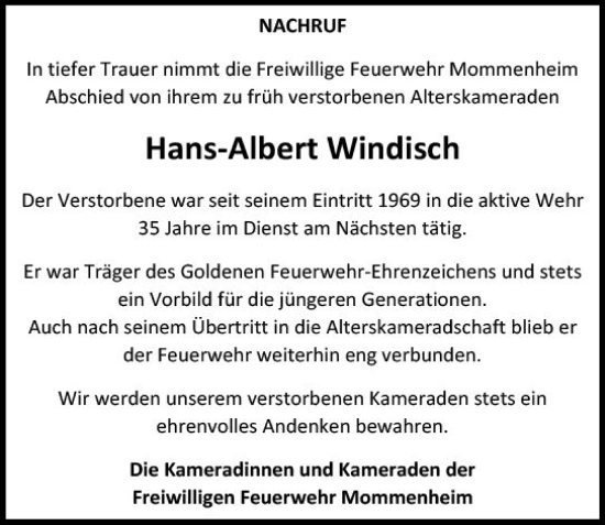 Traueranzeige von Hans-Albert Windinch von Allgemeine Zeitung Mainz