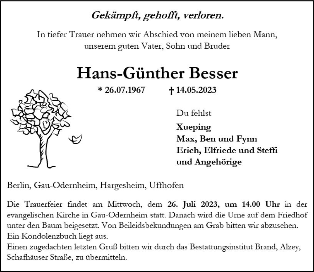  Traueranzeige für Hans-Günther Besser vom 22.07.2023 aus Allgemeine Zeitung Alzey