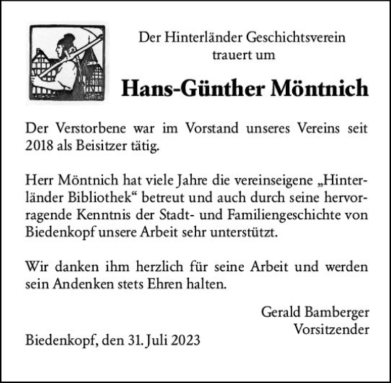 Traueranzeige von Hans-Günther Möntnich von Hinterländer Anzeiger