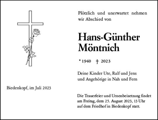 Traueranzeige von Hans-Günther Möntnich von Hinterländer Anzeiger
