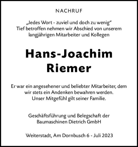 Traueranzeige von Hans-Joachim Riemer von Darmstädter Echo