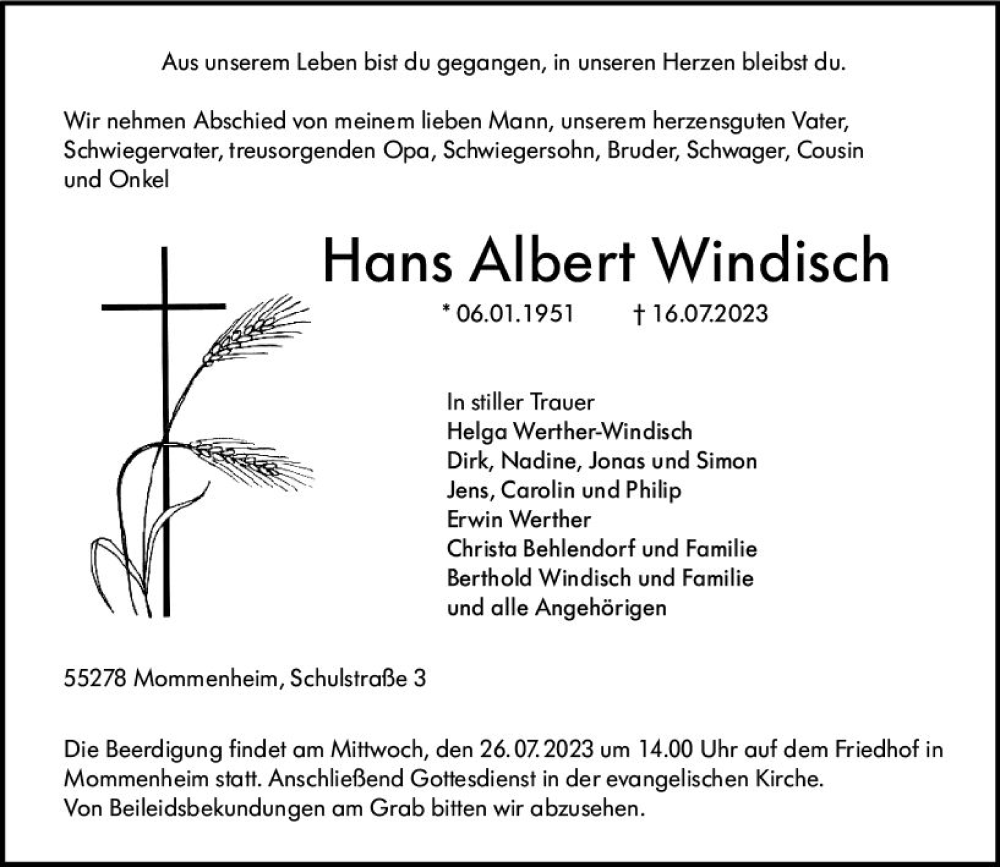  Traueranzeige für Hans Albert Windisch vom 22.07.2023 aus Allgemeine Zeitung Mainz
