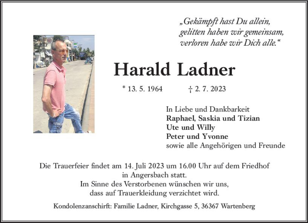  Traueranzeige für Harald Ladner vom 08.07.2023 aus VRM Trauer