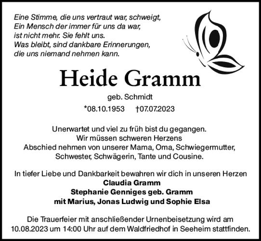  Traueranzeige für Heide Gramm vom 29.07.2023 aus Darmstädter Echo