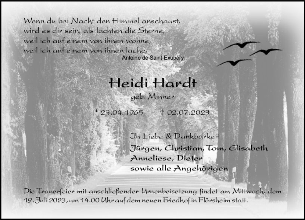  Traueranzeige für Heidi Hardt vom 15.07.2023 aus Rüsselsheimer Echo