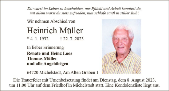 Traueranzeige von Heinrich Müller von Odenwälder Echo