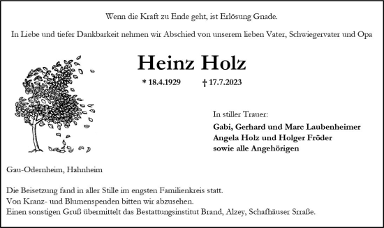 Traueranzeige von Heinz Holz von Allgemeine Zeitung Alzey