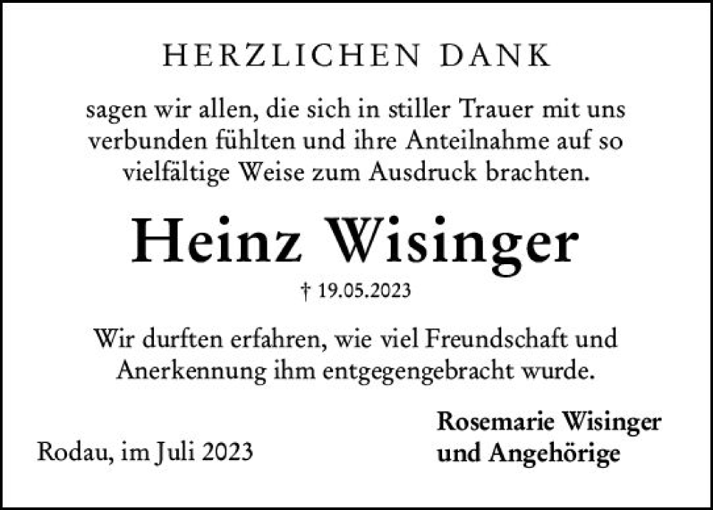  Traueranzeige für Heinz Wisinger vom 08.07.2023 aus Darmstädter Echo