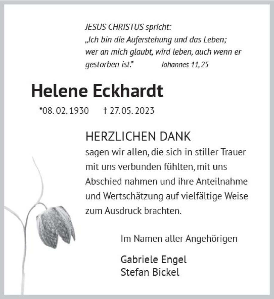  Traueranzeige für Helene Eckhardt vom 22.07.2023 aus Dill Block