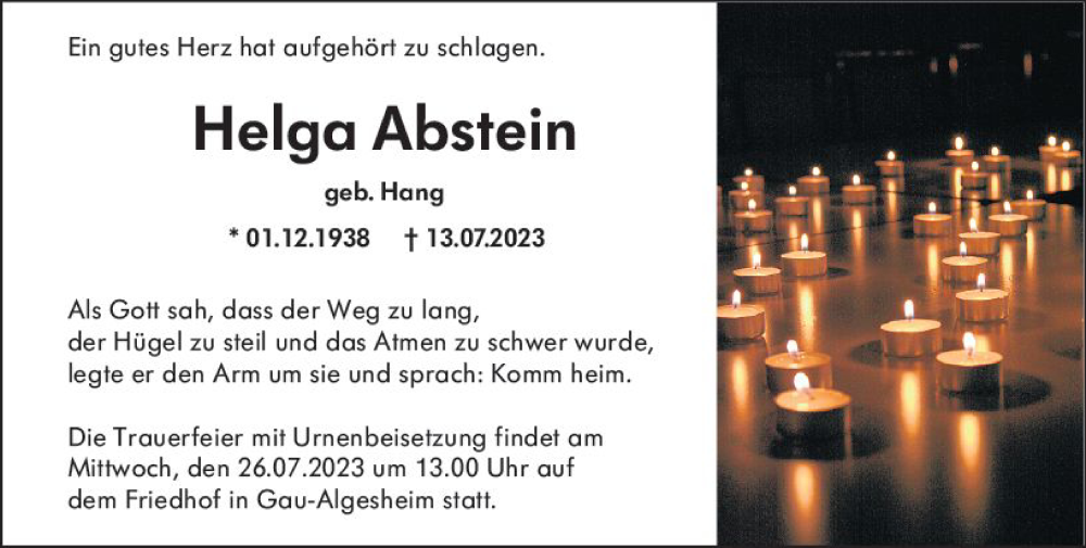  Traueranzeige für Helga Abstein vom 22.07.2023 aus Allgemeine Zeitung Bingen/Ingelheim