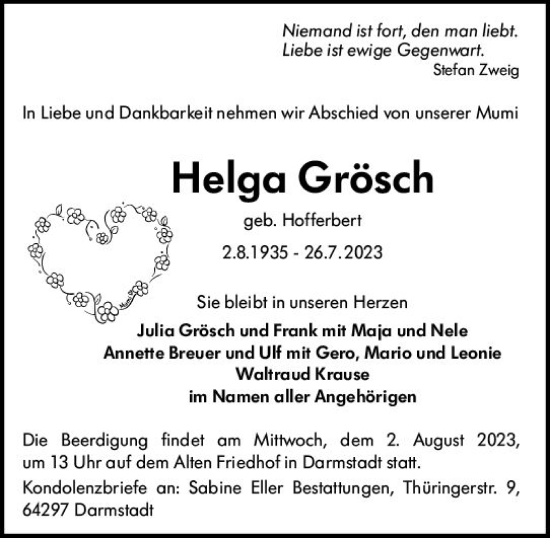 Traueranzeige von Helga Grösch von Darmstädter Echo