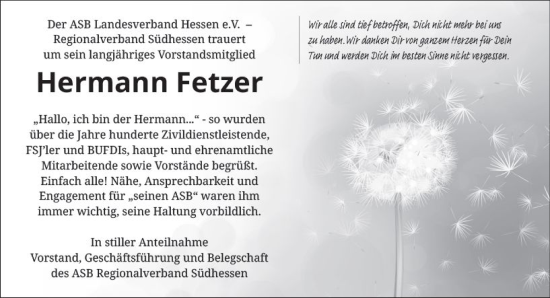 Traueranzeige von Hermann Fetzer von Darmstädter Echo