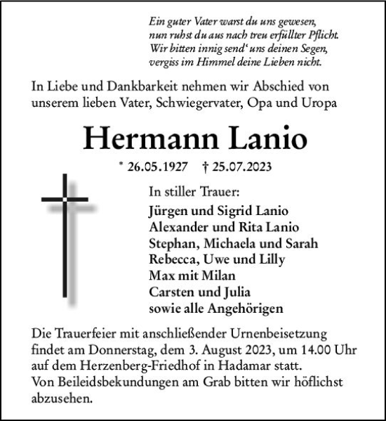 Traueranzeige von Hermann Lanio von Nassauische Neue Presse