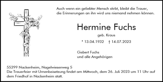 Traueranzeige von Hermine Fuchs von Allgemeine Zeitung Mainz