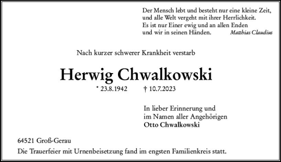 Traueranzeige von Herwig Chwalkowski von Groß-Gerauer Echo