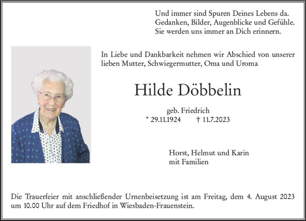  Traueranzeige für Hilde Döbbelin vom 22.07.2023 aus Wiesbadener Kurier