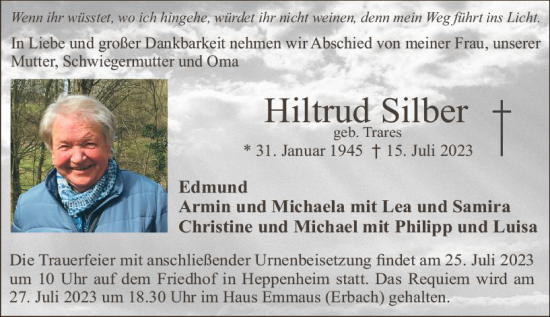 Traueranzeige von Hiltrud Silber von Starkenburger Echo