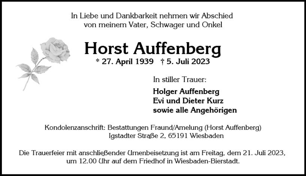  Traueranzeige für Horst Auffenberg vom 15.07.2023 aus Wiesbadener Kurier