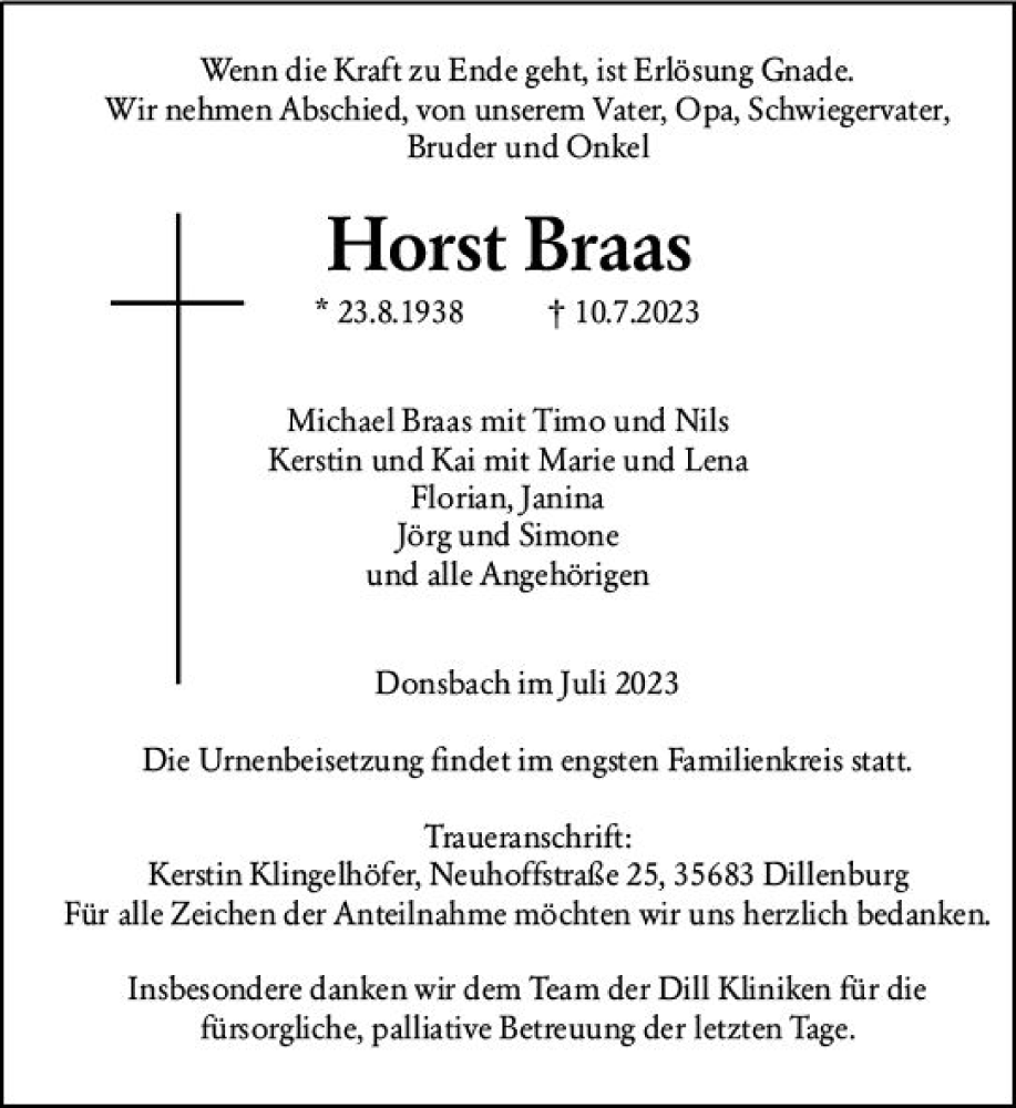  Traueranzeige für Horst Braas vom 14.07.2023 aus Dill Block