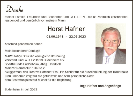 Traueranzeige von Horst Hafner von Allgemeine Zeitung Mainz