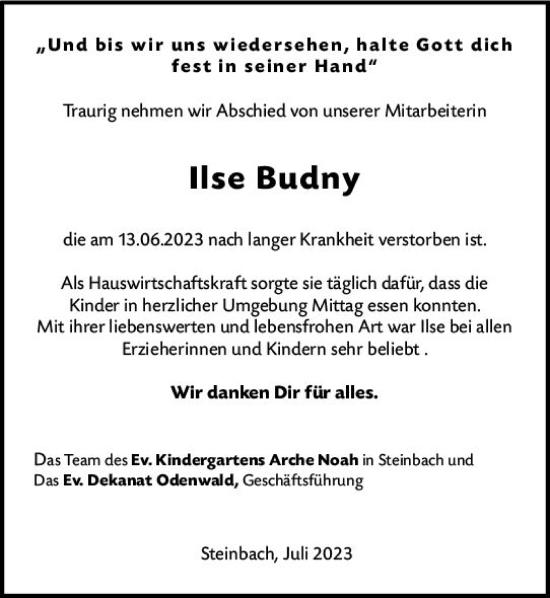 Traueranzeige von Ilse Budny von Odenwälder Echo