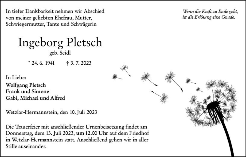  Traueranzeige für Ingeborg Pletsch vom 10.07.2023 aus Wetzlarer Neue Zeitung