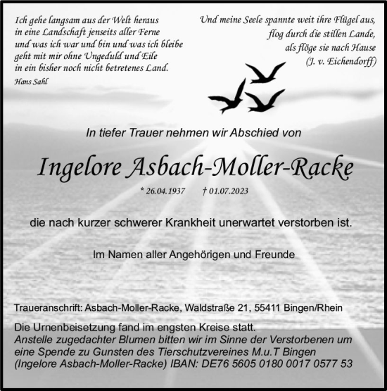 Traueranzeige von Ingelore Asbach-Moller-Racke von Allgemeine Zeitung Bingen/Ingelheim