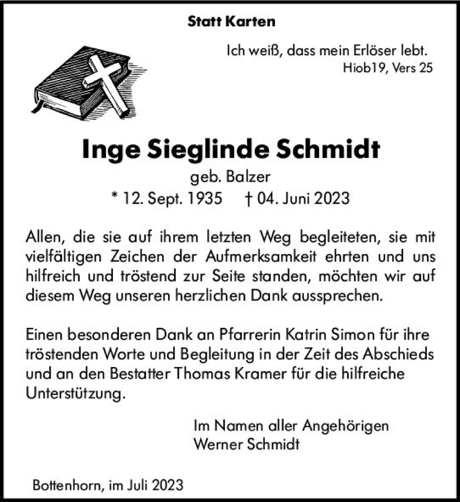  Traueranzeige für Inge Sieglinde Schmidt vom 15.07.2023 aus Hinterländer Anzeiger