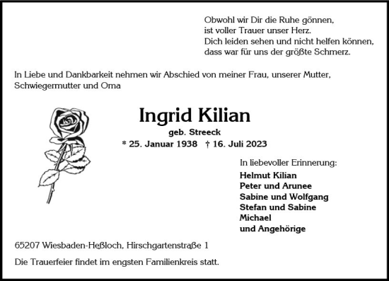 Traueranzeige von Ingrid Kilian von Wiesbadener Kurier